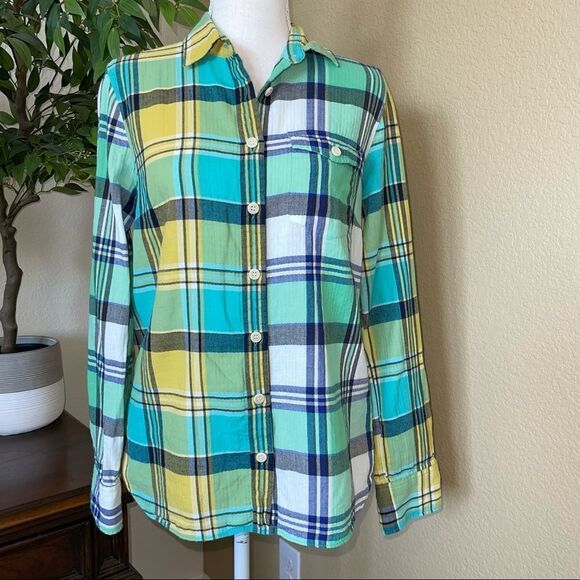 J. Crew Boy Shirt Green & Yellow Plaid Button Down Top Shirt Sz 4 - Picture 1 of 2